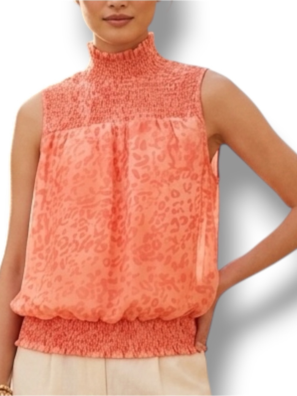 Ramy Brook NWOT Smocked Blouson Rosy Leopard Print Sleeveless Mock Neck Top XS